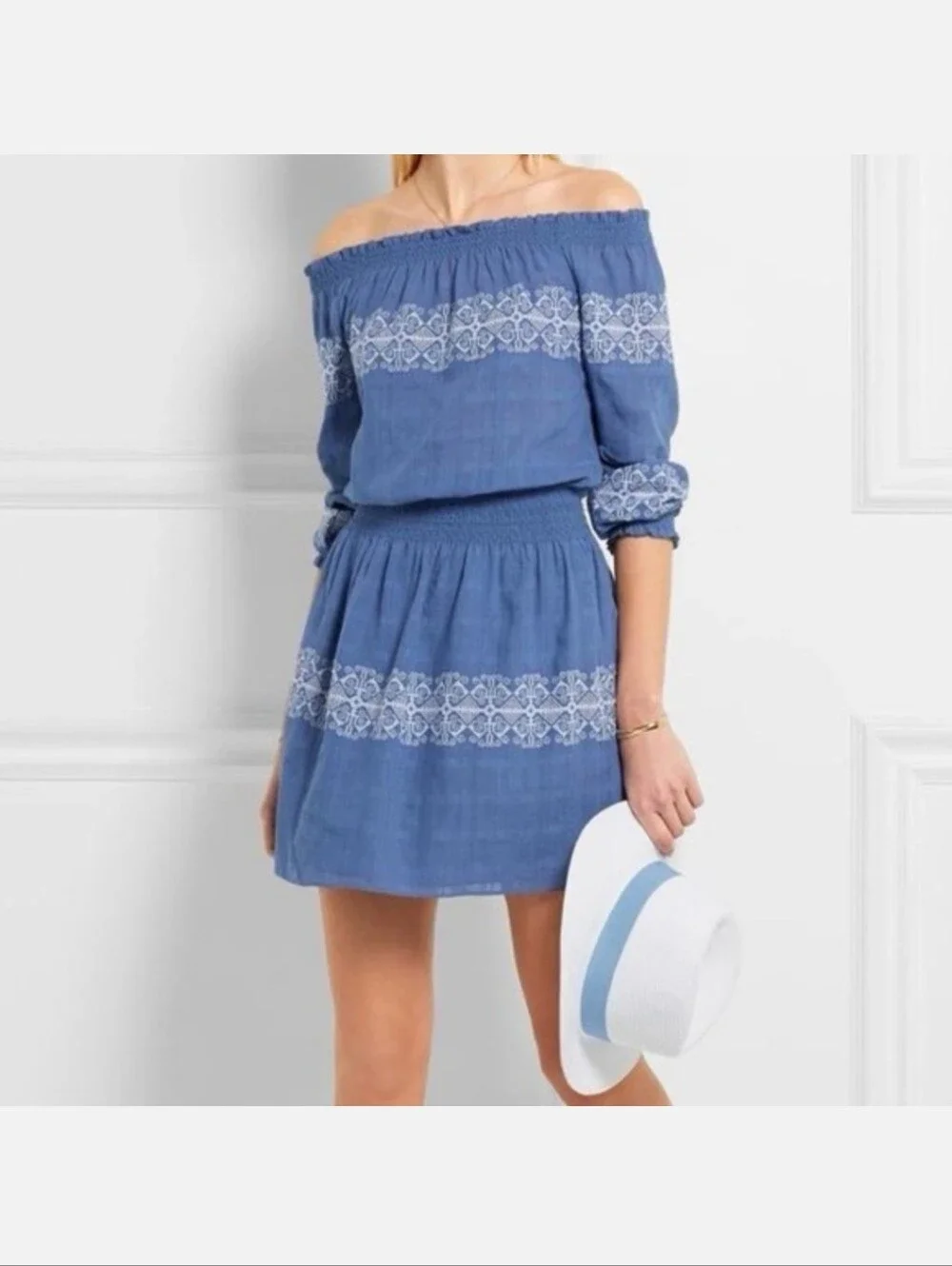 Tory Burch Blue Cotton Off-Shoulder Embroidered Women’s Smocked Mini Dress XS